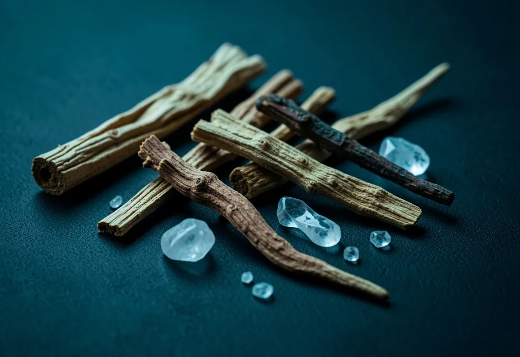 Dried botanical roots and mineral crystals on a dark surface