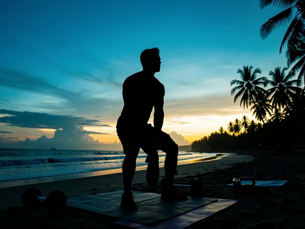 Man training at dawn on a Bali beach