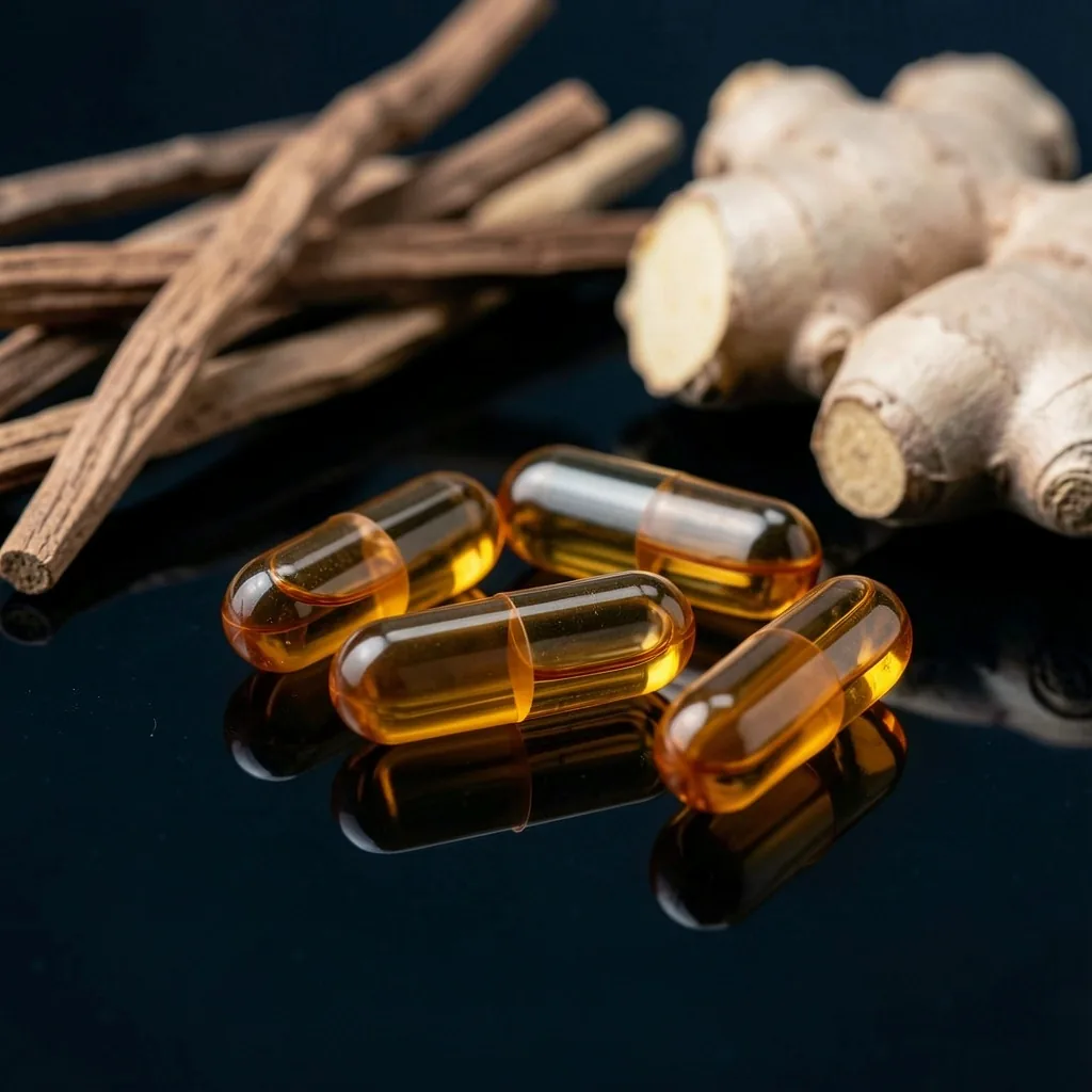 Natural supplement capsules with Indonesian botanical ingredients on a dark surface
