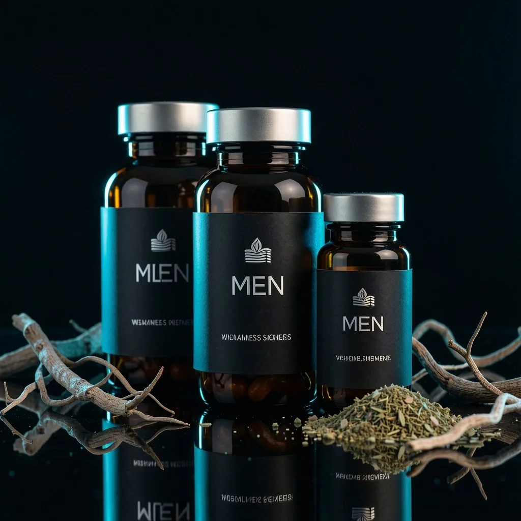 Premium supplement bottles on a dark reflective surface