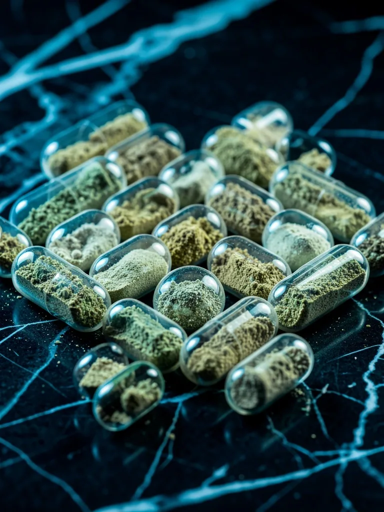 Natural supplement capsules for men arranged on dark reflective surface