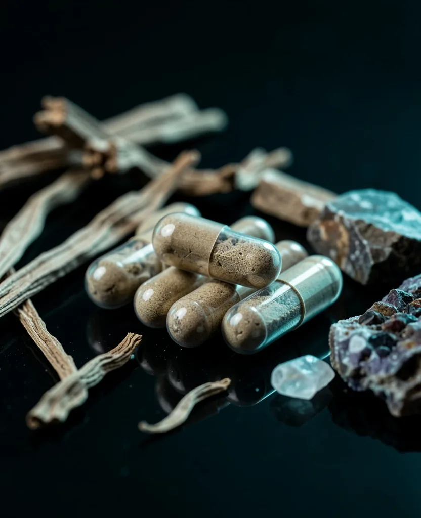 Natural supplement capsules on dark surface