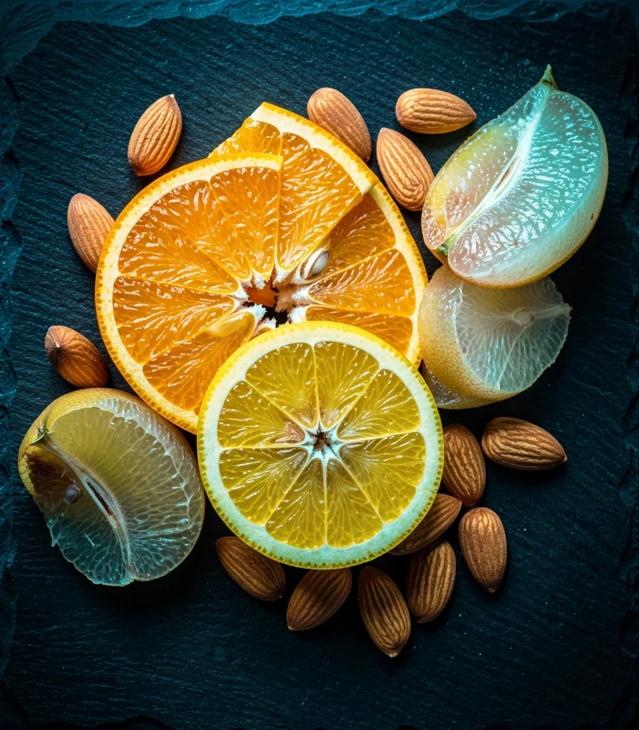 Citrus fruits and nuts on a dark surface